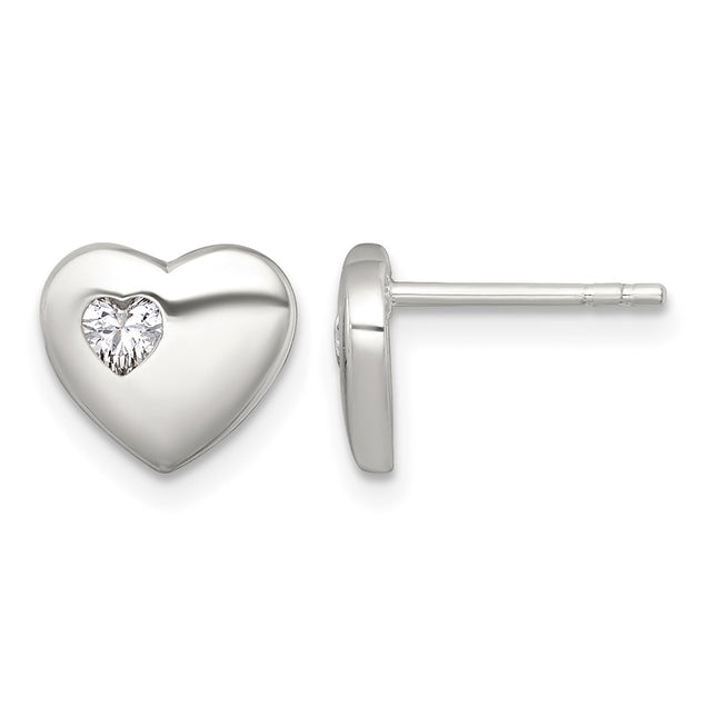 Sterling Silver Polished CZ Heart Post Earrings, 8.5 x 9.7mm