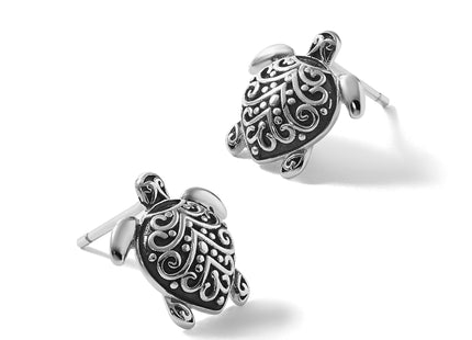 Sterling Silver Polished and Oxidized Filigree Hollow Turtle Post Earrings