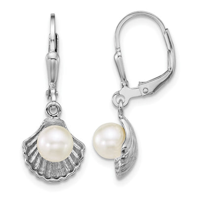 Sterling Silver Rhodium-plated Polished Sea Shell and Acrylic Pearl Leverback Earrings