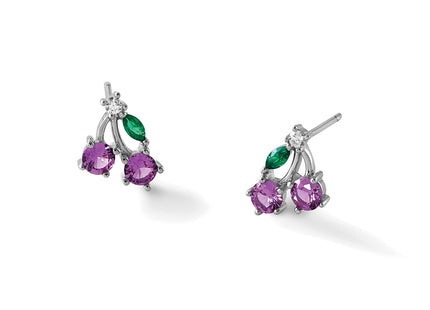 Sterling Silver Rhodium-plated CZ and Lab Created Corundum and Green Glass Cherry Post Earrings