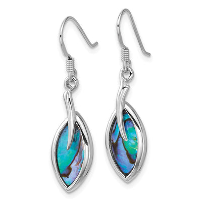 Sterling Silver Rhodium-plated Polished Abalone Leaf Dangle Shepherd Hook Earrings, 36.4 x 9mm