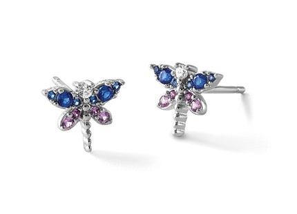 Sterling Silver Rhodium-plated CZ and Lab Created Corundum and Blue Glass Dragonfly Post Earrings