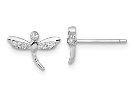 Sterling Silver Rhodium-plated Polished CZ Dragonfly Post Earrings (Style QE18240)