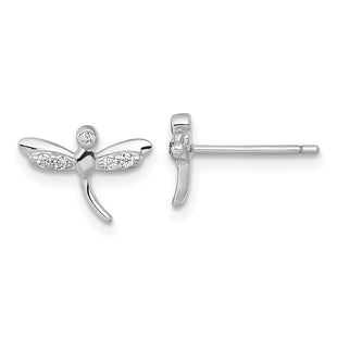 Sterling Silver Rhodium-plated Polished CZ Dragonfly Post Earrings (Style QE18240)