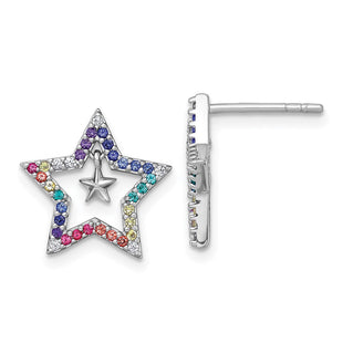 Sterling Silver Rhodium-plated Polished Rainbow Nano Crystals Star with Mini Star Dangle Childrens Post Earrings (Style QE18258)