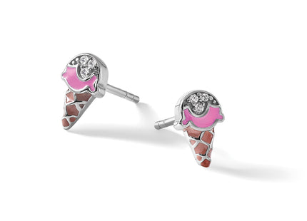 Sterling Silver Rhodium-plated Children's Pink and Brown Enamel with CZ Ice Cream Cone Post Earrings
