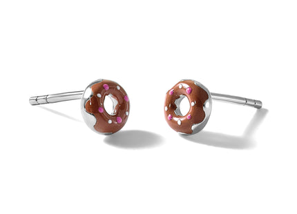 Sterling Silver Rhodium-plated Children's Brown with Pink and White Enamel Sprinkled Donut Post Earrings