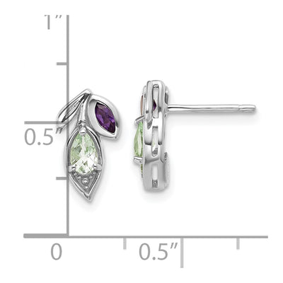 Sterling Silver Rhodium-plated Polished Amethyst and Green Quartz Leaf Post Earrings