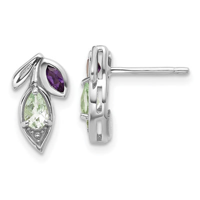 Sterling Silver Rhodium-plated Polished Amethyst and Green Quartz Leaf Post Earrings