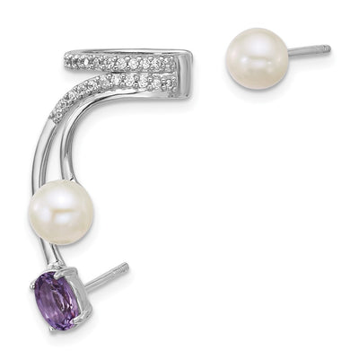 Sterling Silver Rhodium-plated CZ, White Freshwater Cultured Pearl and . Oval Amethyst Post and Cuff Asymmetric Earrings