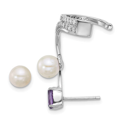 Sterling Silver Rhodium-plated CZ, White Freshwater Cultured Pearl and . Oval Amethyst Post and Cuff Asymmetric Earrings