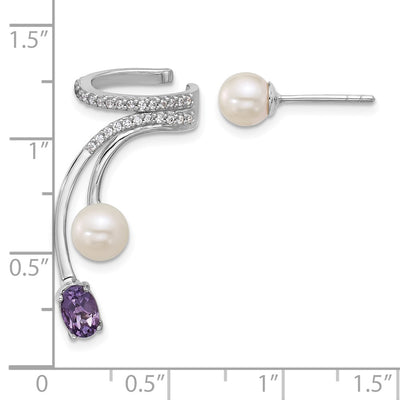 Sterling Silver Rhodium-plated CZ, White Freshwater Cultured Pearl and . Oval Amethyst Post and Cuff Asymmetric Earrings
