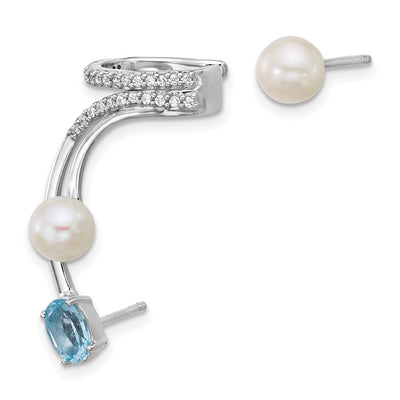 Sterling Silver Rhodium-plated CZ, White Freshwater Cultured Pearl and . Oval Blue Topaz Post and Cuff Asymmetric Earrings