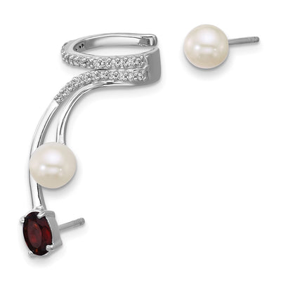 Sterling Silver Rhodium-plated CZ, White Freshwater Cultured Pearl and . Oval Garnet Post and Cuff Asymmetric Earrings
