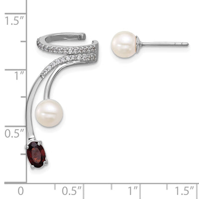 Sterling Silver Rhodium-plated CZ, White Freshwater Cultured Pearl and . Oval Garnet Post and Cuff Asymmetric Earrings
