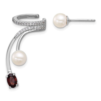 Sterling Silver Rhodium-plated CZ, White Freshwater Cultured Pearl and . Oval Garnet Post and Cuff Asymmetric Earrings