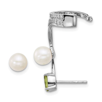 Sterling Silver Rhodium-plated CZ, White Freshwater Cultured Pearl and . Oval Peridot Post and Cuff Asymmetric Earrings
