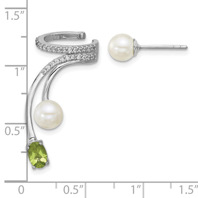 Sterling Silver Rhodium-plated CZ, White Freshwater Cultured Pearl and . Oval Peridot Post and Cuff Asymmetric Earrings