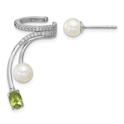 Sterling Silver Rhodium-plated CZ, White Freshwater Cultured Pearl and . Oval Peridot Post and Cuff Asymmetric Earrings