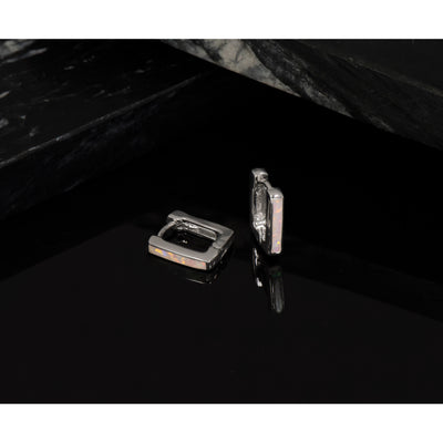 Sterling Silver Rhodium-plated Polished Lab Created Opal Square Hinged Hoop Earrings