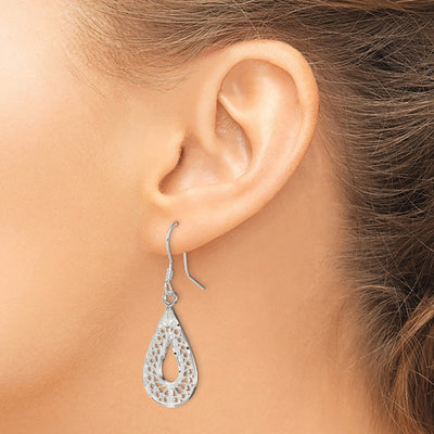 Sterling Silver Polished Textured D/C Filigree Teardrop Dangle Earrings, 42 x 15mm
