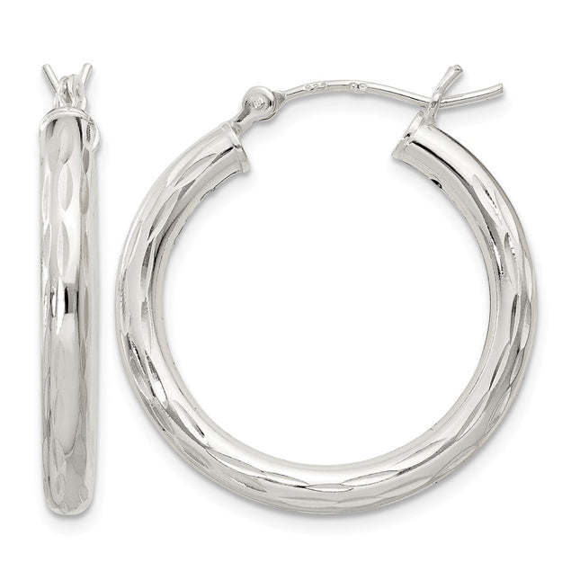 Sterling Silver Diamond-cut Satin Hoop Earrings, 25 x 3mm