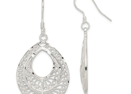 Sterling Silver Polished Textured D/C Filigree Teardrop Dangle Earrings