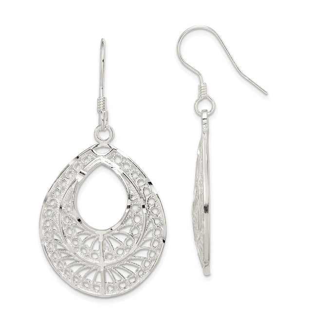 Sterling Silver Polished Textured D/C Filigree Teardrop Dangle Earrings, 44 x 25mm