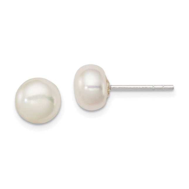 Sterling Silver White FW Cultured Pearl 7- Button Earrings, 7 to 8 x 7 to 8mm