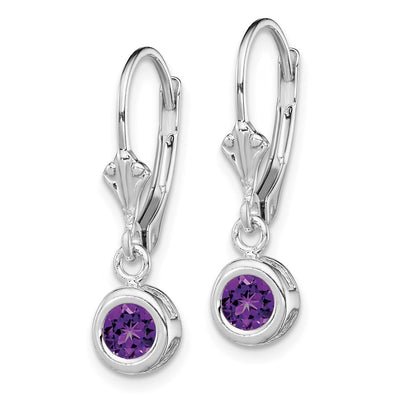 Sterling Silver Rhodium Plated Round Amethyst Leverback Earrings, 26 x 6mm