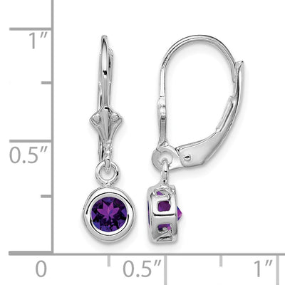 Sterling Silver Rhodium Plated Round Amethyst Leverback Earrings, 26 x 6mm