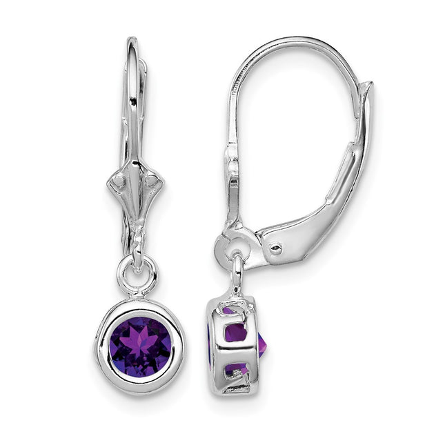 Sterling Silver Rhodium Plated Round Amethyst Leverback Earrings, 26 x 6mm
