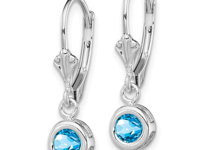 Sterling Silver Rhodium Plated Round Blue Topaz Leverback Earrings (Style QE2040BT)