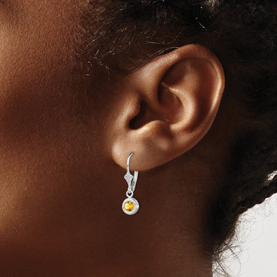 Sterling Silver Rhodium Plated Round Citrine Leverback Earrings, 26 x 6mm