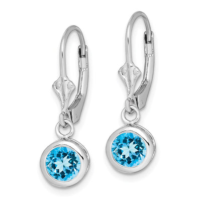 Sterling Silver Rhodium Plated Round Blue Topaz Leverback Earrings, 26 x 7mm