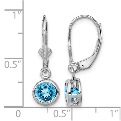 Sterling Silver Rhodium Plated Round Blue Topaz Leverback Earrings, 26 x 7mm