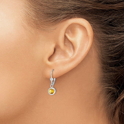 Sterling Silver Rhodium Plated Round Citrine Leverback Earrings, 26 x 7mm