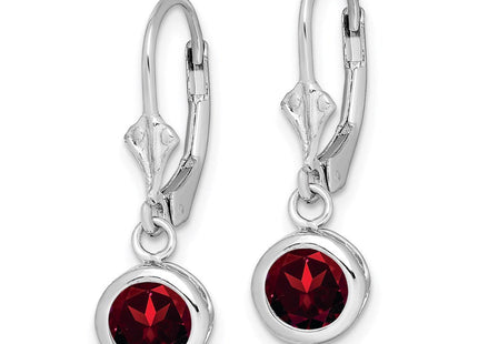 Sterling Silver Rhodium Plated Round Garnet Leverback Earrings (Style QE2041GA)