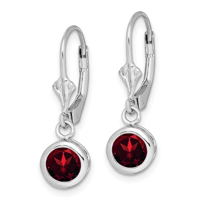 Sterling Silver Rhodium Plated Round Garnet Leverback Earrings, 26 x 7mm