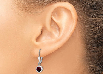 Sterling Silver Rhodium Plated Round Garnet Leverback Earrings (Style QE2041GA)