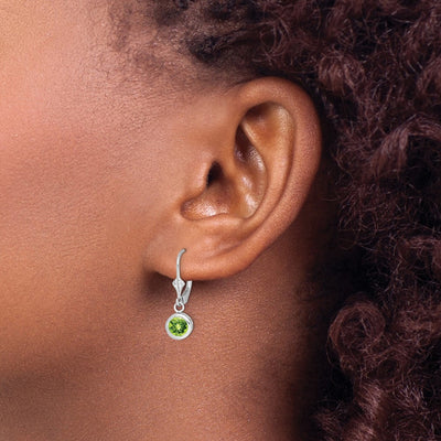 Sterling Silver Rhodium Plated Round Peridot Leverback Earrings, 26 x 7mm