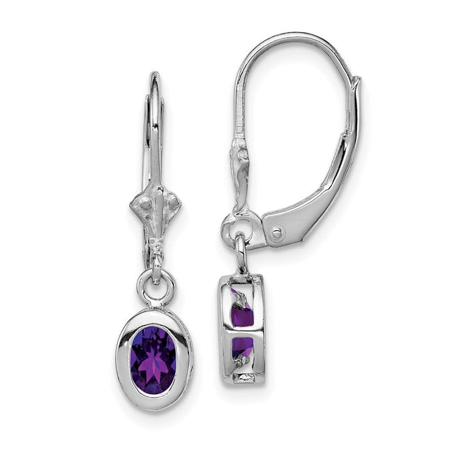 Sterling Silver Rhodium Plated Oval Amethyst Leverback Earrings, 28 x 7mm