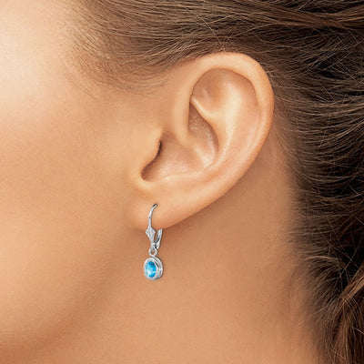 Sterling Silver Rhodium Plated Oval Blue Topaz Leverback Earrings, 28 x 7mm