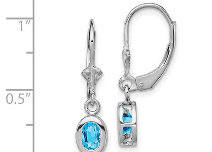 Sterling Silver Rhodium Plated Oval Blue Topaz Leverback Earrings (Style QE2042BT)