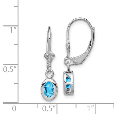 Sterling Silver Rhodium Plated Oval Blue Topaz Leverback Earrings, 28 x 7mm