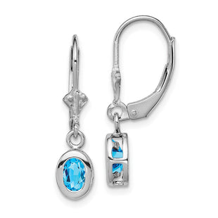 Sterling Silver Rhodium Plated Oval Blue Topaz Leverback Earrings (Style QE2042BT)