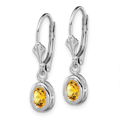 Sterling Silver Rhodium Plated Oval Citrine Leverback Earrings, 28 x 7mm