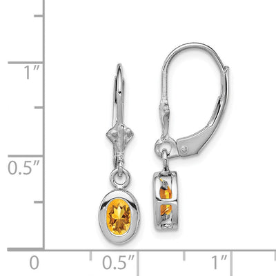 Sterling Silver Rhodium Plated Oval Citrine Leverback Earrings, 28 x 7mm
