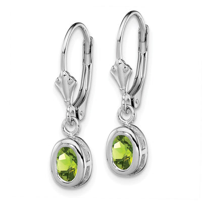 Sterling Silver Rhodium Plated Oval Peridot Leverback Earrings, 28 x 7mm