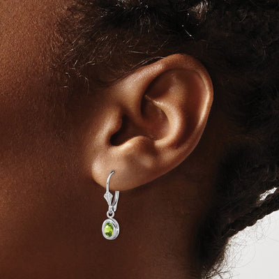 Sterling Silver Rhodium Plated Oval Peridot Leverback Earrings, 28 x 7mm